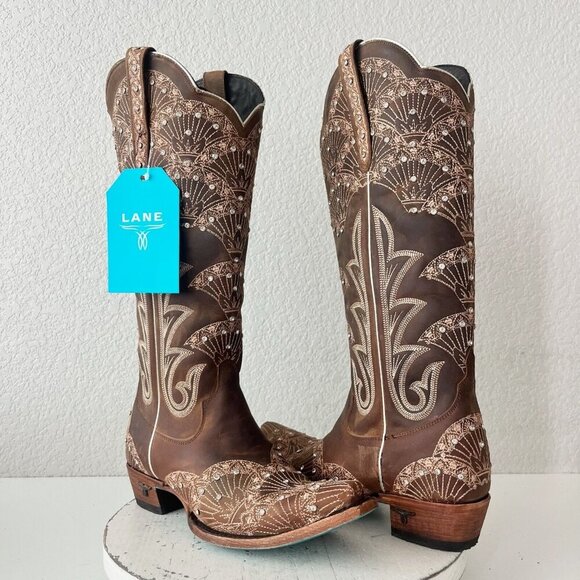 Lane CALYPSO Womens Wedding Cowboy Boots 8 Brown Leather Western Mid Calf Tall - Picture 1 of 12
